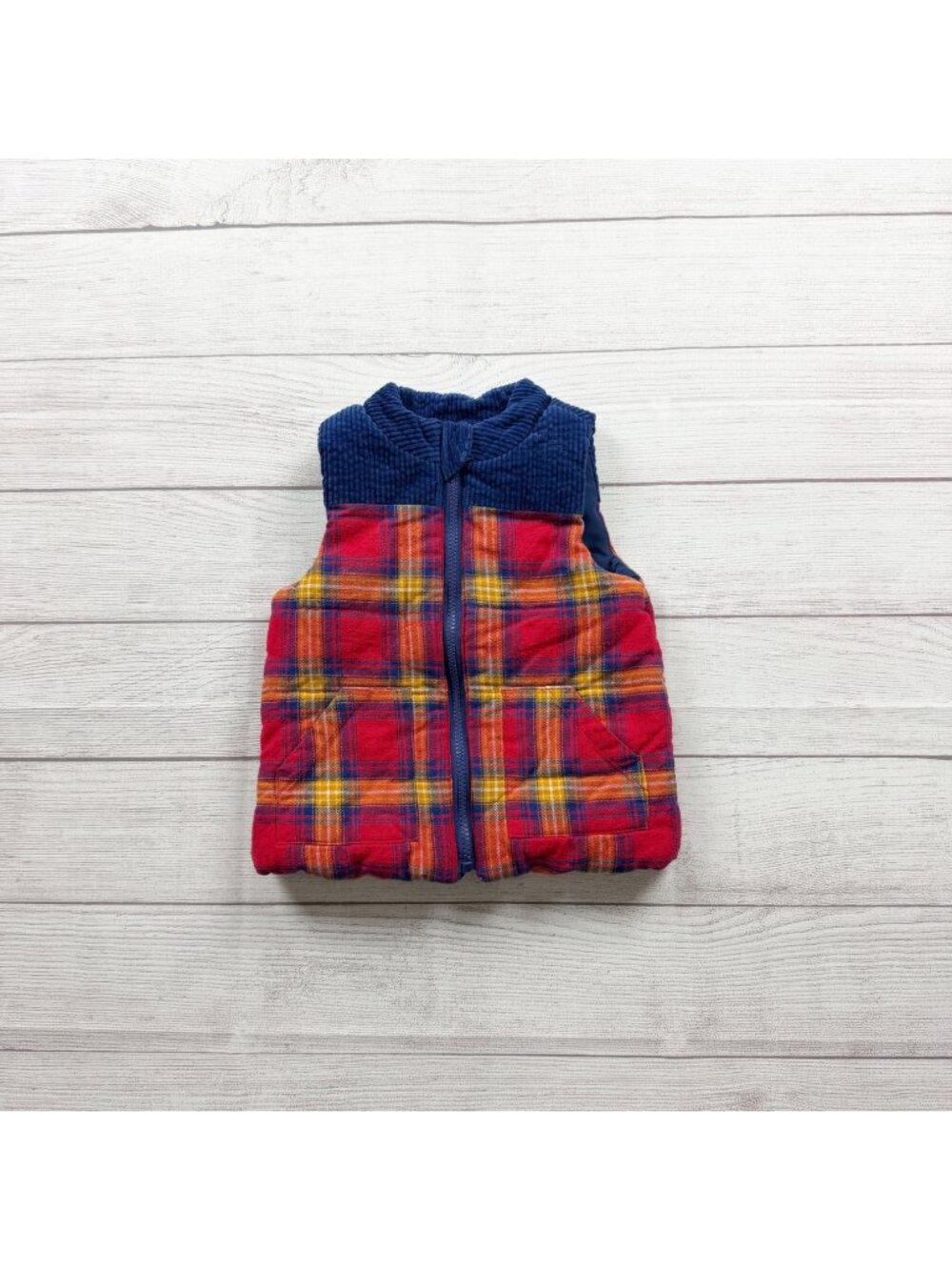 Tahari Kids Plaid Puffer Vest Navy Red Zip Front Lightweight 3T